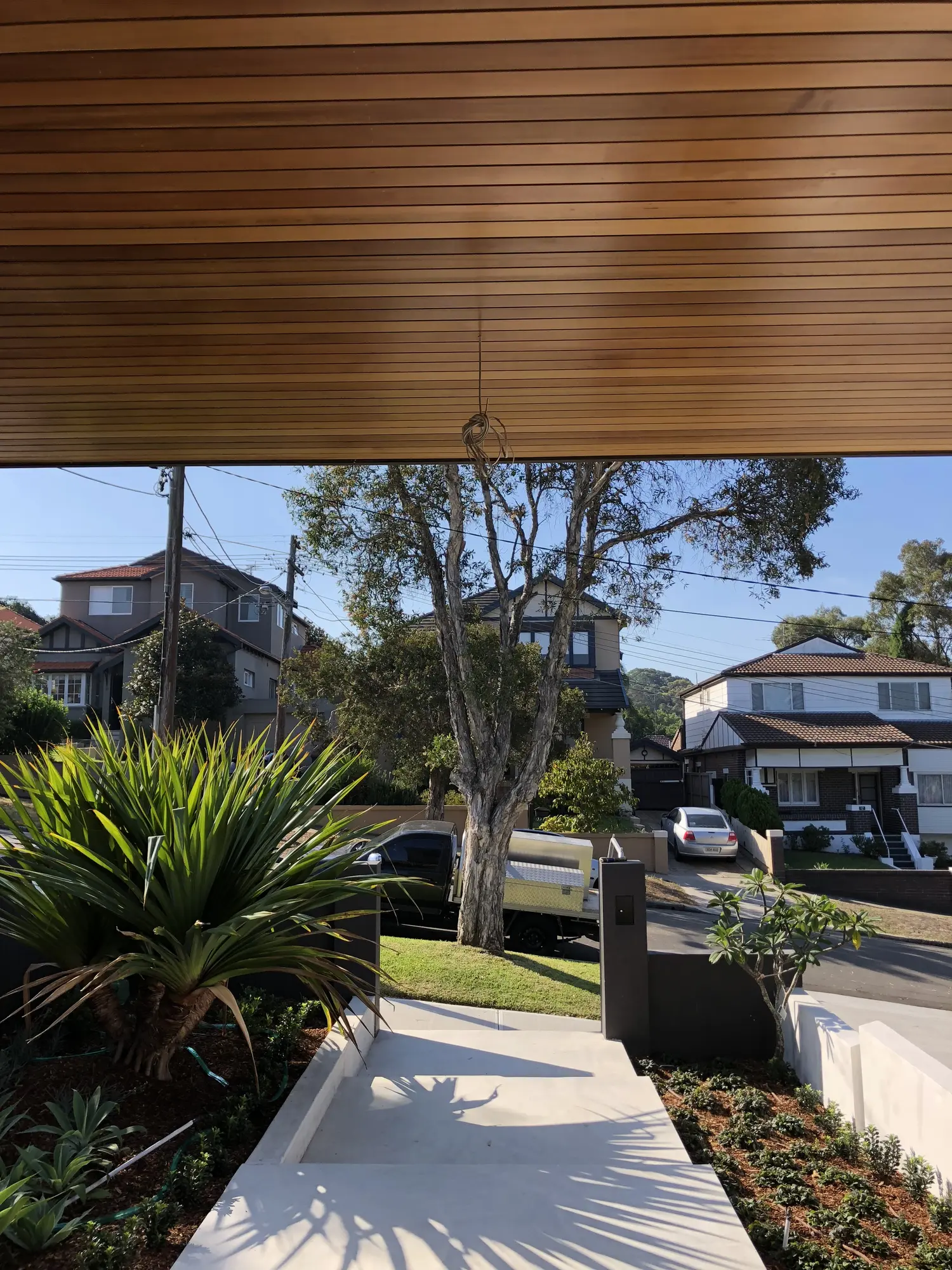 Cedar entrance soffit and concrete steps at the completed Kensington residence