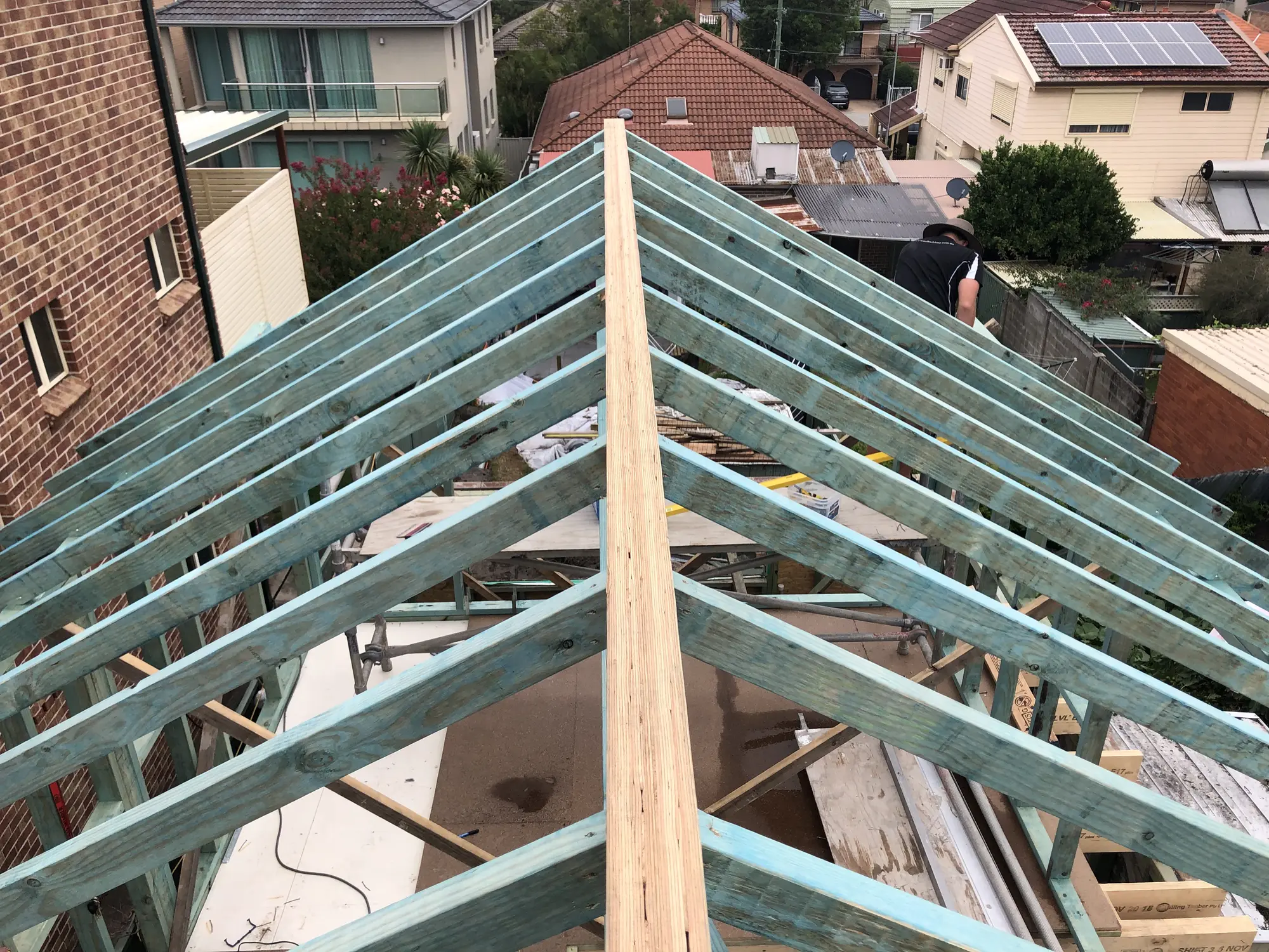 Top view of complex roof framing and junctions on a Maroubra project