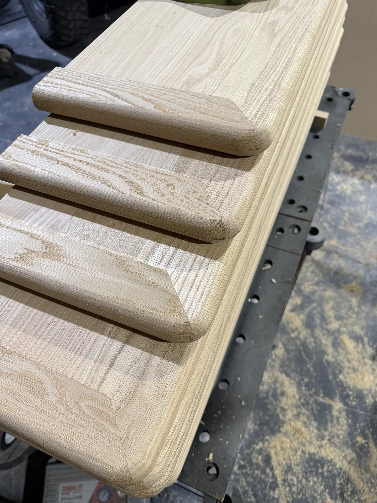 American Oak stair treads precisely jointed and bullnosed in the workshop